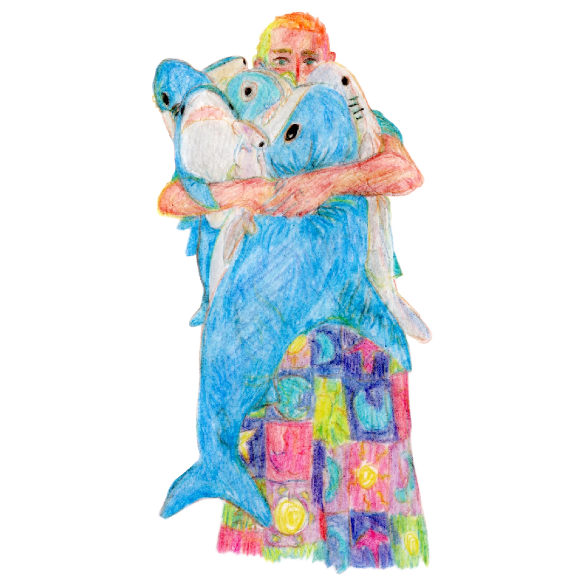 un dessin de moi aux crayons de couleurs avec plein de doudous requins dans les bras